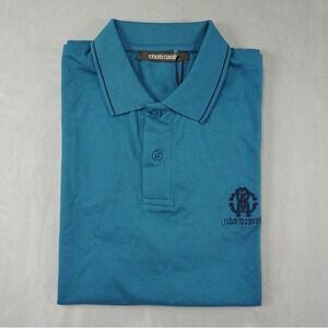 Roberto Cavalli Polo Shirt Mens L Teal Short Sleeve Embroidered Logo Luxury NWT